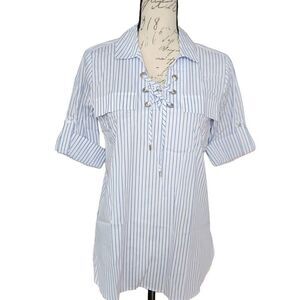 Calvin Klein Womens Size XS Blue Striped Long Sleeve Lace Up V Neck Top